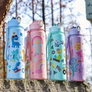 Water Bottle for Kids with Silicone Straw, Leakproof Sippy Cup, BPA-Free Plastic Drinking Bottle for School, Travel & Outdoor Use